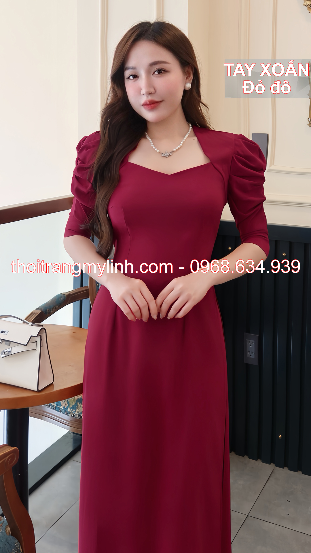 Bộ áo dài cổ nữ hoàng tay xoắn đỏ đô
